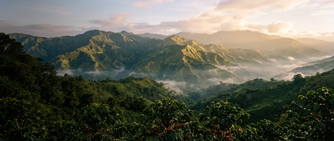 Montañas verdes al amanecer, imagen editorial inspirada en Colombia